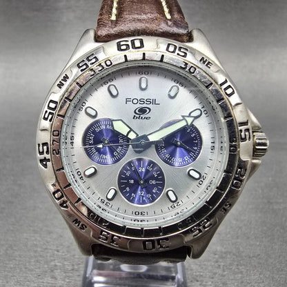 Fossil Blue Watch Men 40mm Silver & Blue Dial Steel Daydate BQ-8785 New Battery0