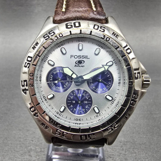 Fossil Blue Watch Men 40mm Silver & Blue Dial Steel Daydate BQ-8785 New Battery0