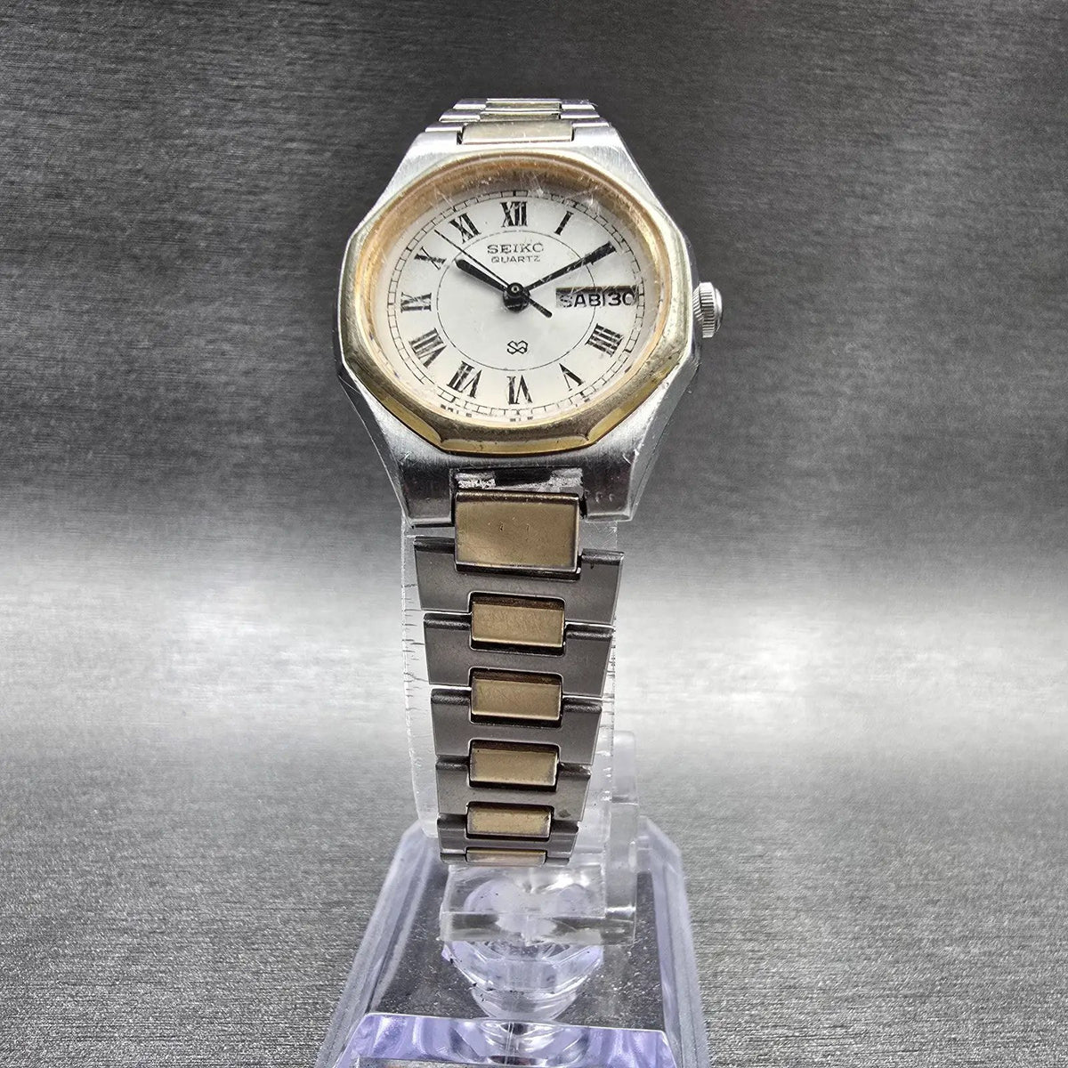 Seiko SQ Watch Women 24mm White Dial Two Tone Daydate Round 5423-0140 New Batt5