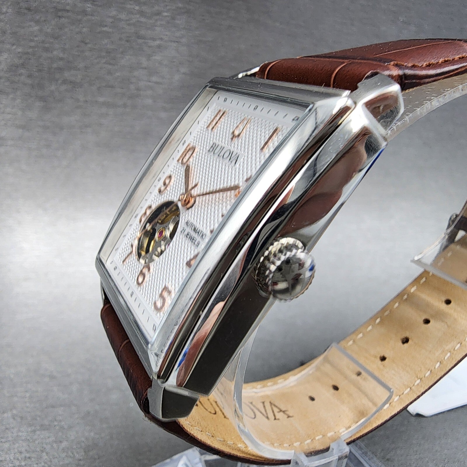 Bulova Sutton Tank Watch Men 33mm White Dial Steel Rectangle Automatic 96A2682