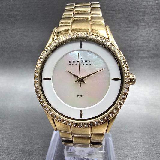 Skagen Watch Women 30mm MOP Dial Gold Tone Gemmed Round 347SGXG New Battery0