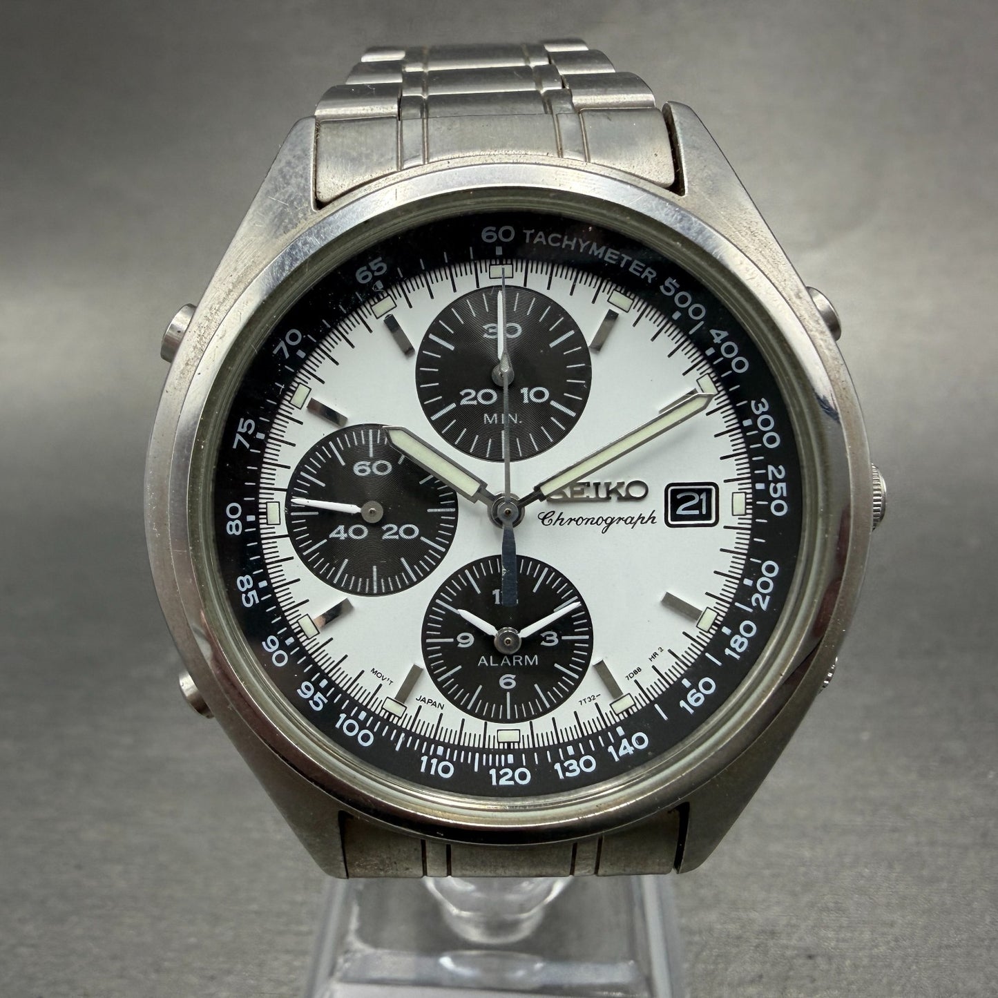 Seiko Chronograph Watch Men 39mm White Dial Steel Date Alarm Panda New Battery0