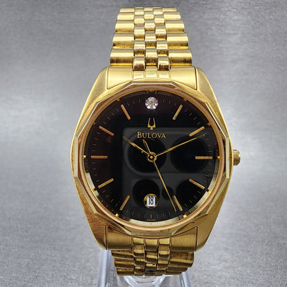 Bulova Watch Men 35mm Black Dial Gold Tone Date 92N99 New Battery0