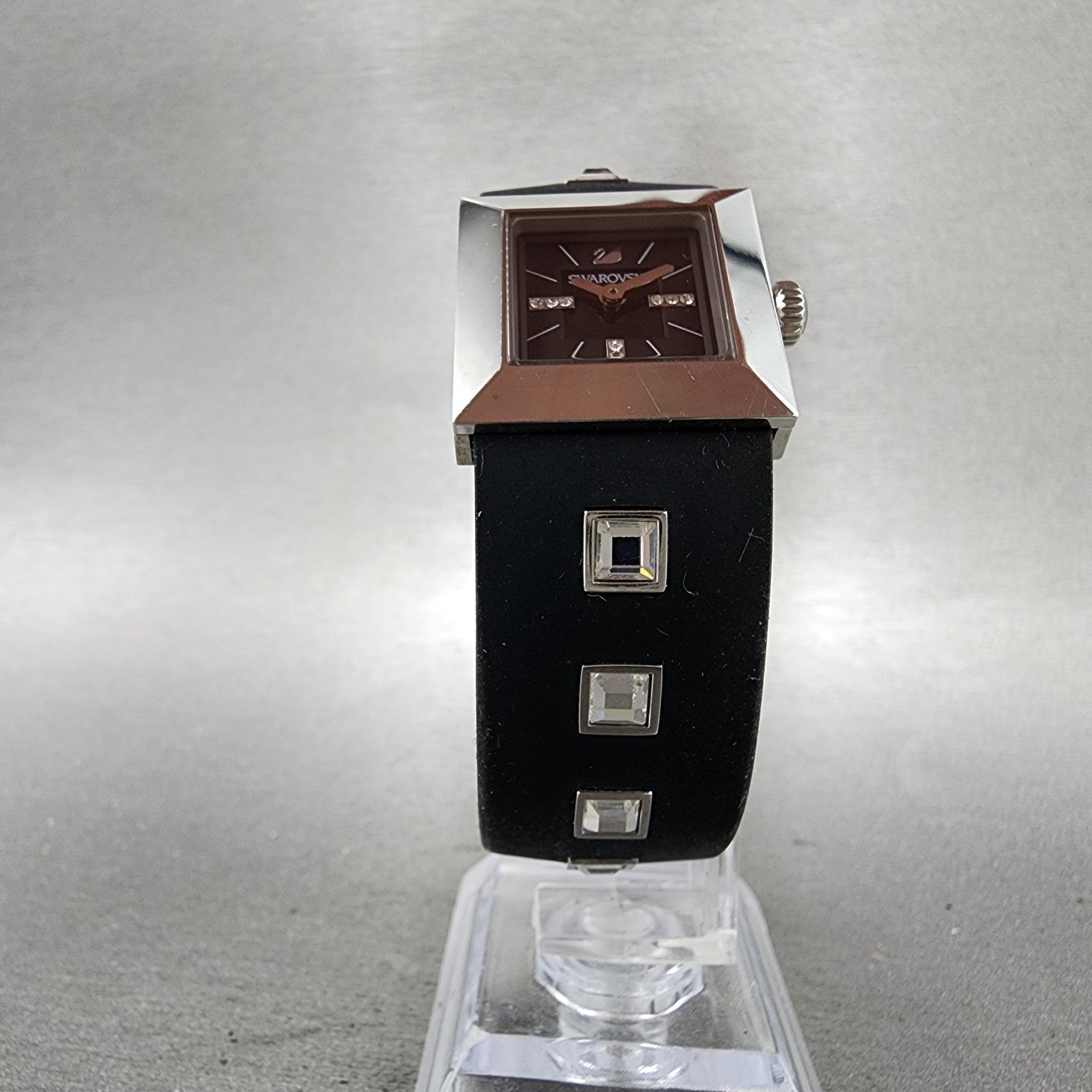 Swarovski Elis Tank Watch Women 23mm Black Dial Silver Tone Square New Battery5