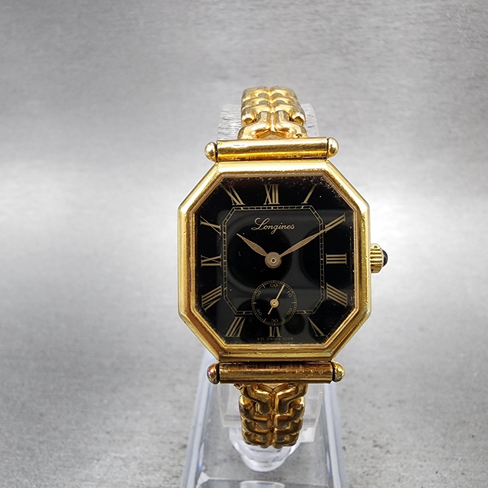 Longines Watch Women 24mm Black Dial Gold Plated Manual Wind Runs Octagon VTG0