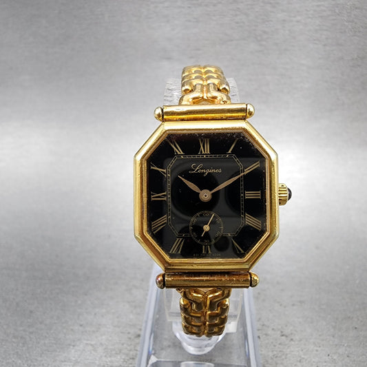 Longines Watch Women 24mm Black Dial Gold Plated Manual Wind Runs Octagon VTG0