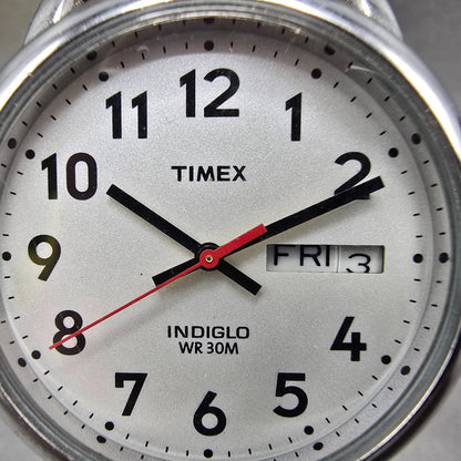 Timex Easy Reader Watch Men 35mm Silver Dial Silver Tone Daydate New Battery BYH1