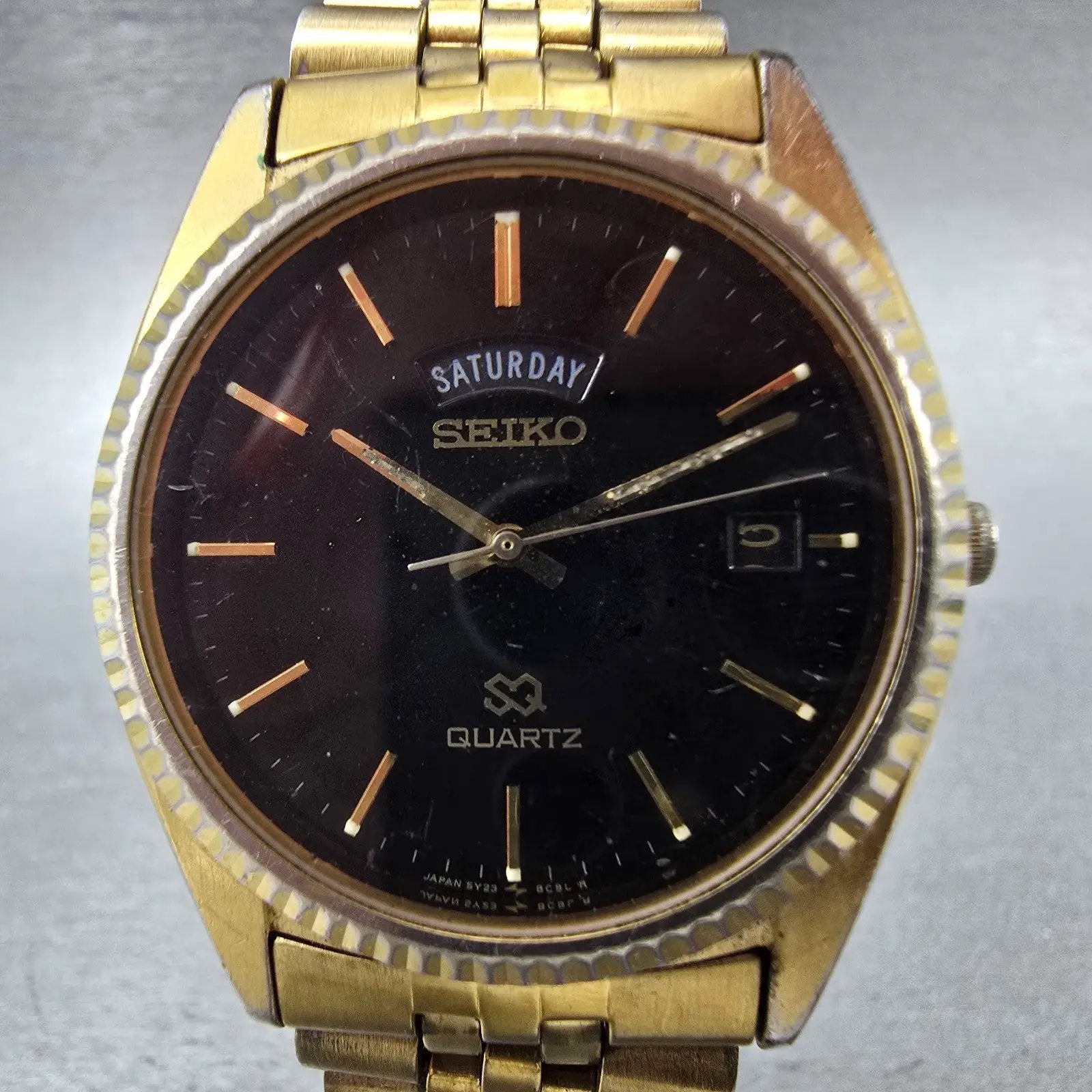 Seiko President Watch Men 36mm Black Dial Gold Tone Daydate 5Y23-8A69 New Batt Q1