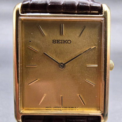 Seiko Tank Watch Men 25mm Gold Dial Gold Tone Rectangle V700-5K30 New Battery G1