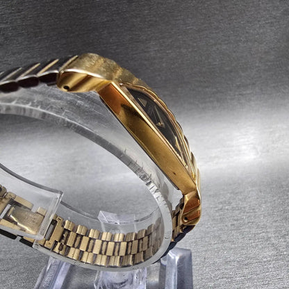 Seiko Half Moon Watch Women 15mm Black Dial Gold Asymmetrical 1F20-5D59 New Batt3