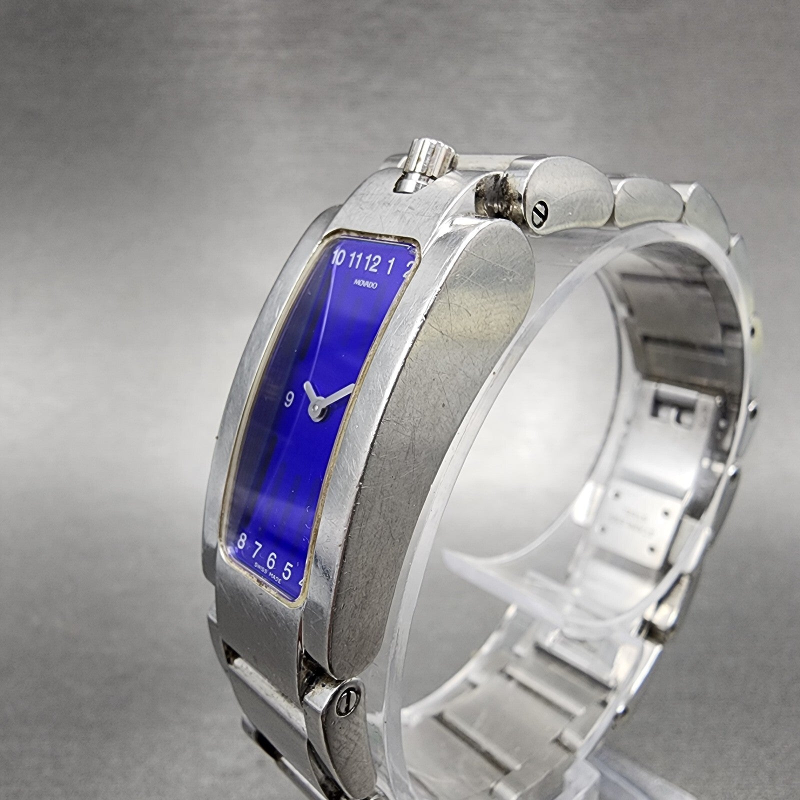 Movado Elliptica Tank Watch Women 15mm Blue Dial Stainless Steel Rectangle Runs2