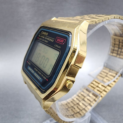 Casio A159 Watch Men 33mm Digital Gold Tone Hexagon Alarm Chrono New Battery2
