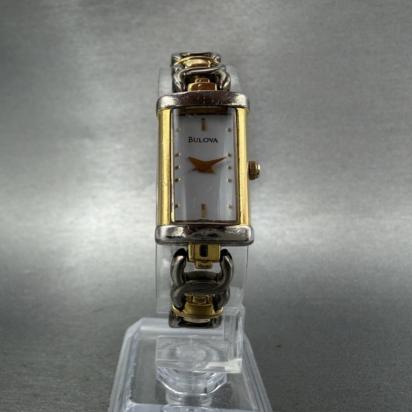 Bulova Tank Watch Women 15mm White Dial Two Tone Rectangle 98t10 New Battery5