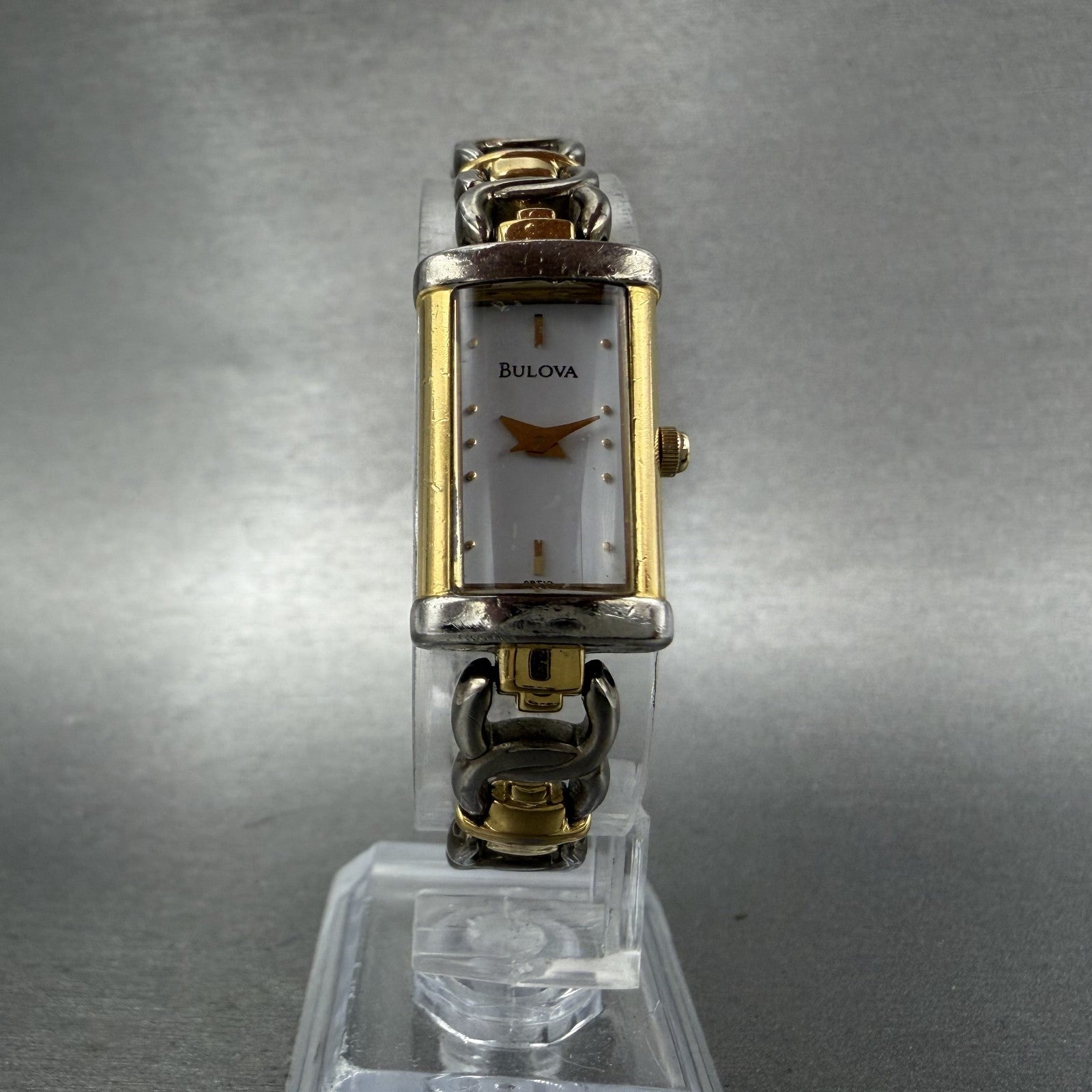 Bulova Tank Watch Women 15mm White Dial Two Tone Rectangle 98t10 New Battery5
