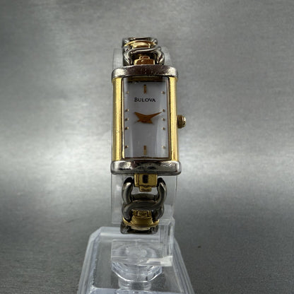 Bulova Tank Watch Women 15mm White Dial Two Tone Rectangle 98t10 New Battery5