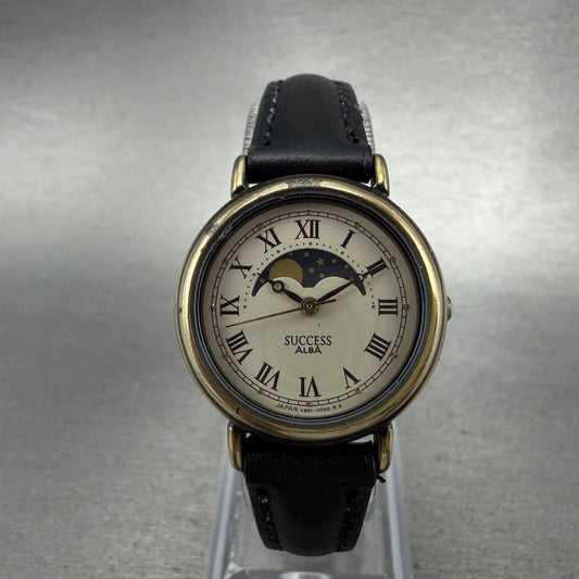 Seiko Alba Success Moon Phase Watch Women 25mm White Dial Brass Tone New Battery0