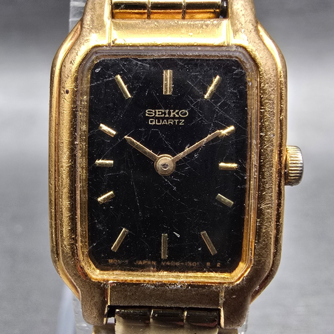 Seiko Tank Watch Women 17mm Black Dial Gold Rectangle V400-5498 New Battery1