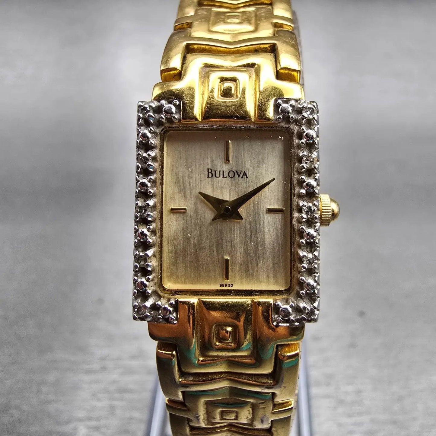 Bulova Watch Women 16mm Gold Dial Gold Tone Rectangle 98R52 New Battery Diamonds0