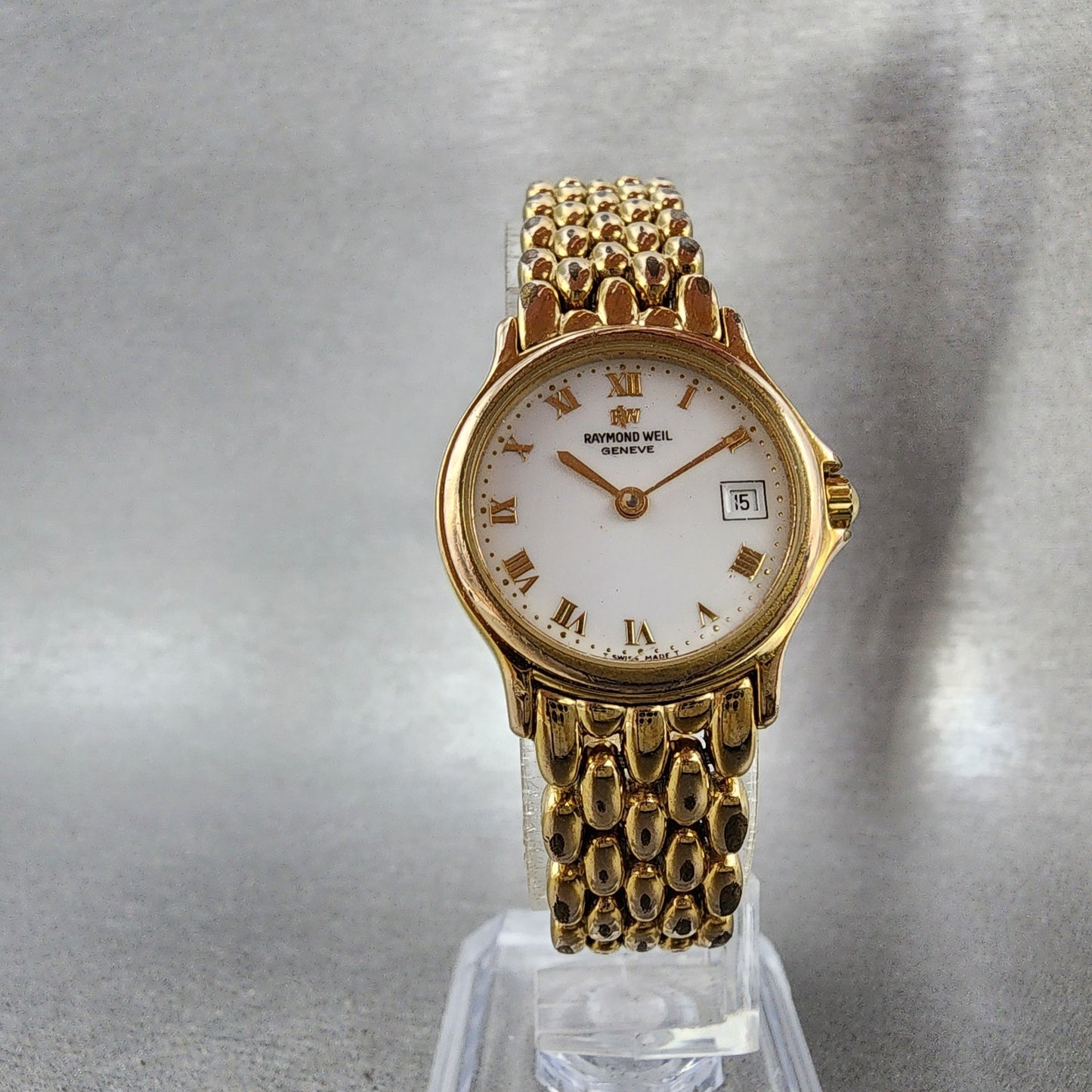 Raymond Weil Watch Women 24mm White Dial Gold Tone Date Round 5368 New Battery5