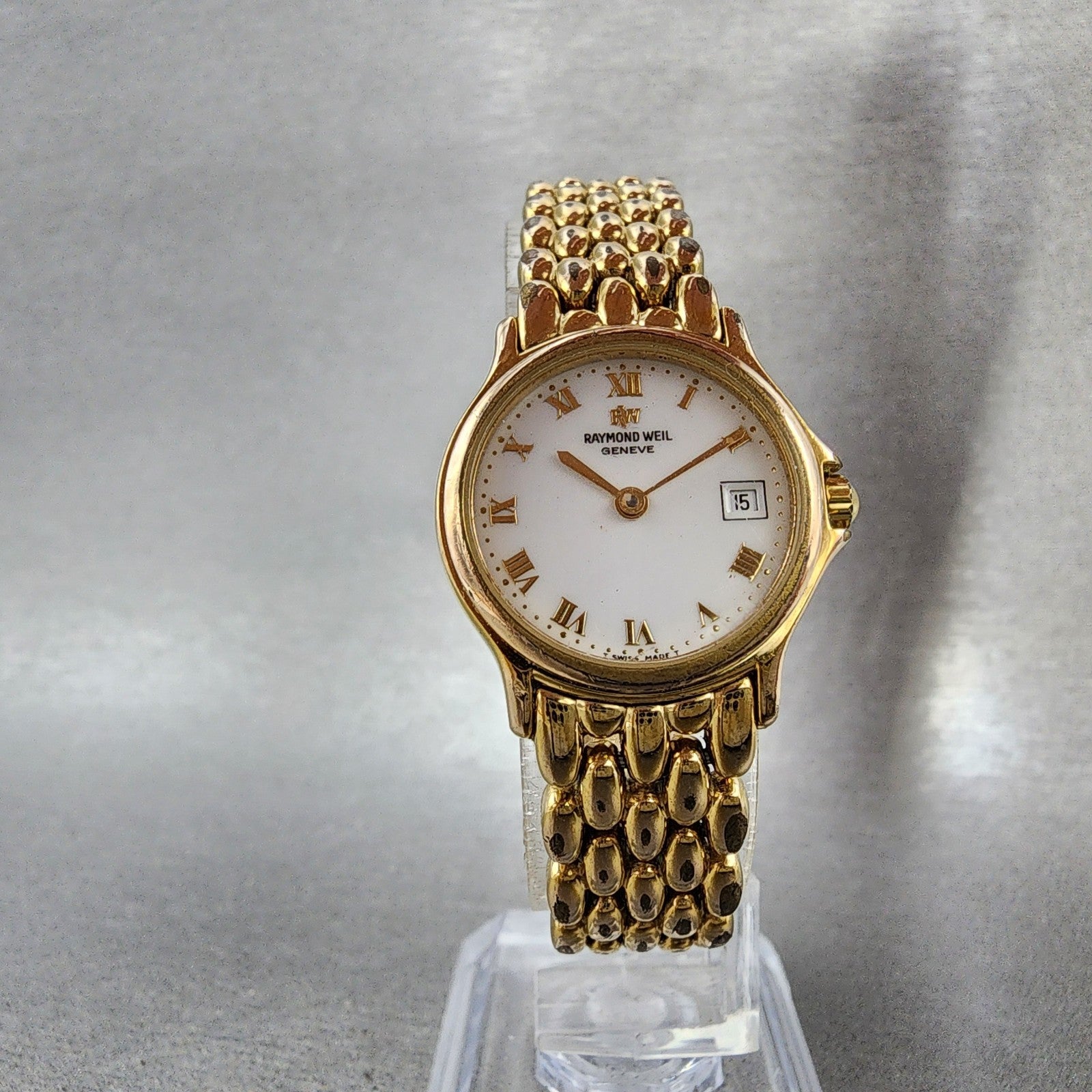 Raymond Weil Watch Women 24mm White Dial Gold Tone Date Round 5368 New Battery5