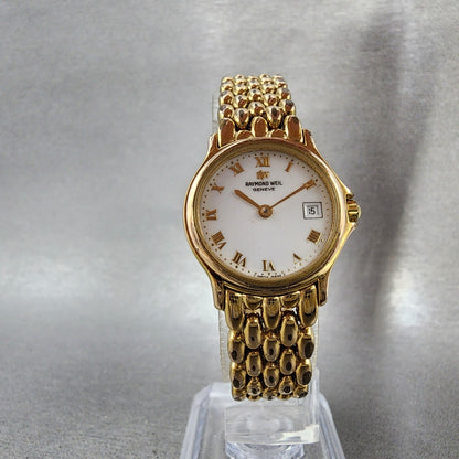 Raymond Weil Watch Women 24mm White Dial Gold Tone Date Round 5368 New Battery5