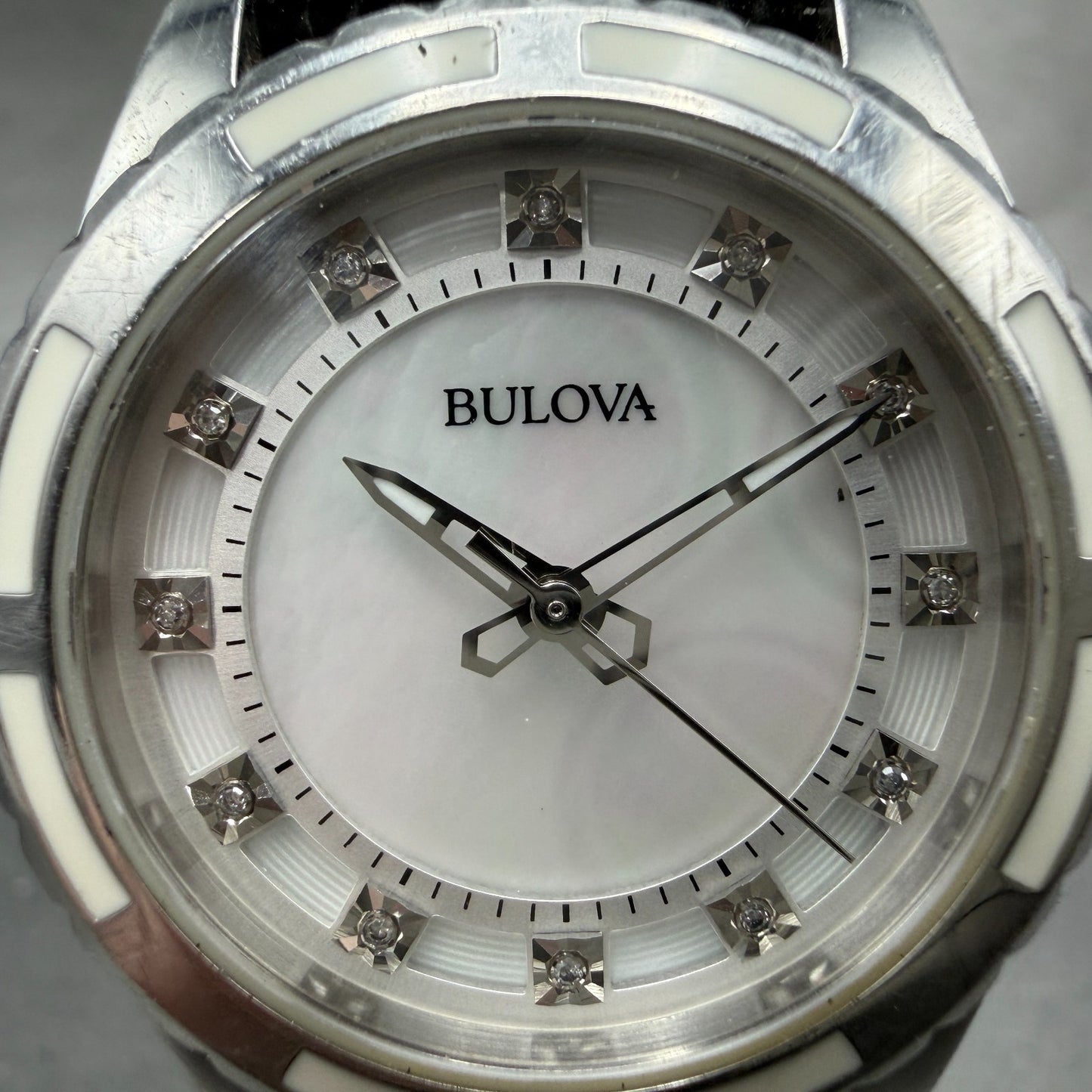 Bulova Watch Women 32mm MOP Dial Silver Tone Round Diamond 98P139 New Battery1