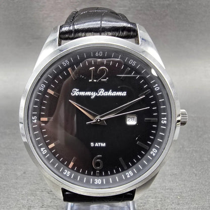Tommy Bahama Watch Men 45mm Black Dial Silver Tone Date Round T01-16 New Battery0