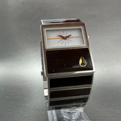 Nixon Chalet Watch Men 30mm White Dial Steel Wood Rectangle New Battery5