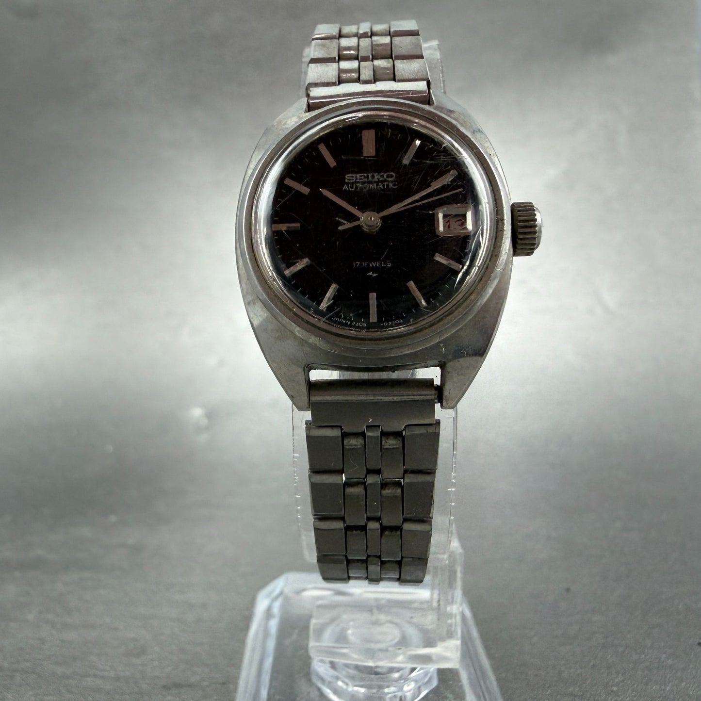 Seiko Autoamtic Watch Women 23mm Black Dial Silver Automatic 2205-0050 Runs5