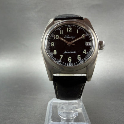 Berney Military Automatic watch Men 32mm Black Dial Steel Date Round Runs Swiss5