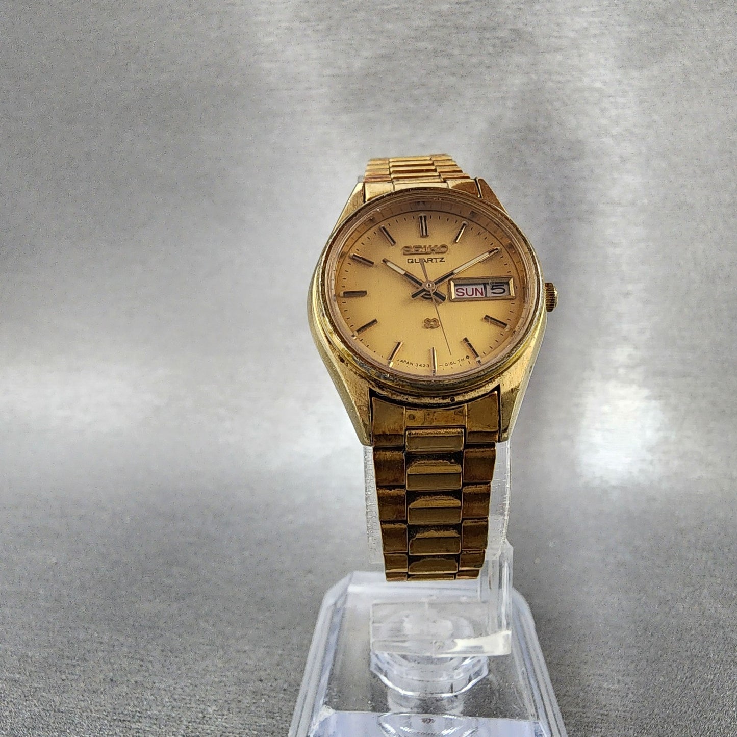 Seiko SQ Watch Women 24mm Gold Dial Gold Tone Daydate Round 34230099 New Batt4