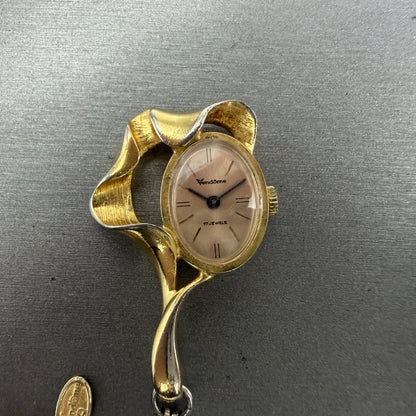 Vendome Neclace Watch 30mm Rose Dial Gold Tone Oval Manual Wind Runs Vintage0