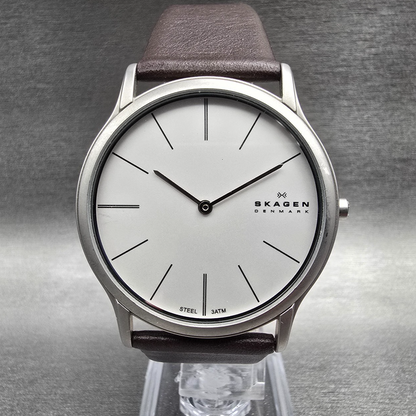 Skagen Watch Men 39mm Silver Dial Silver Leather Round 858XLSLD New Battery0