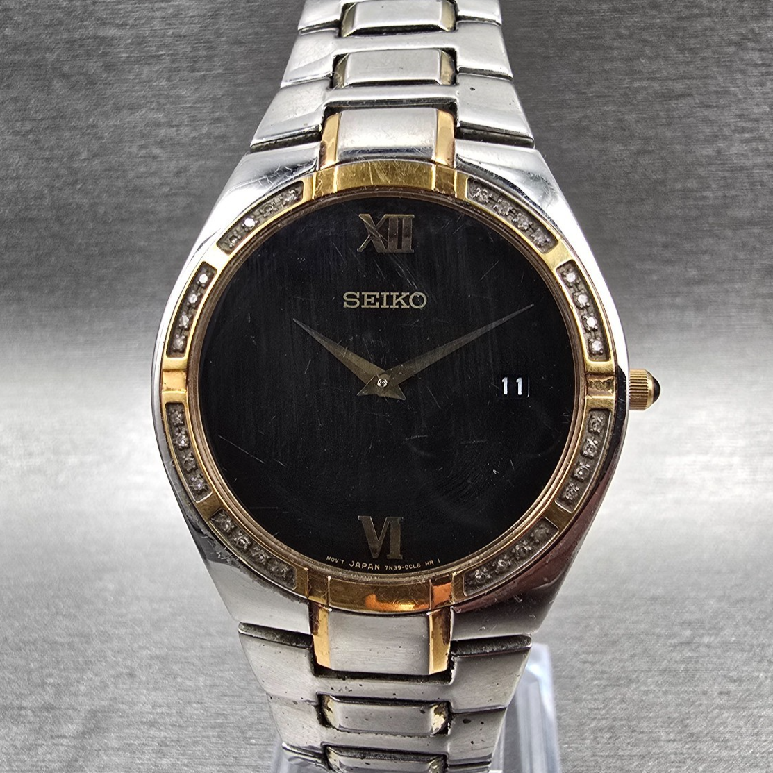 Seiko Watch Men 35mm Black Dial Two Tone Date Diamonds Round 7N39-0BR0 New Batt0