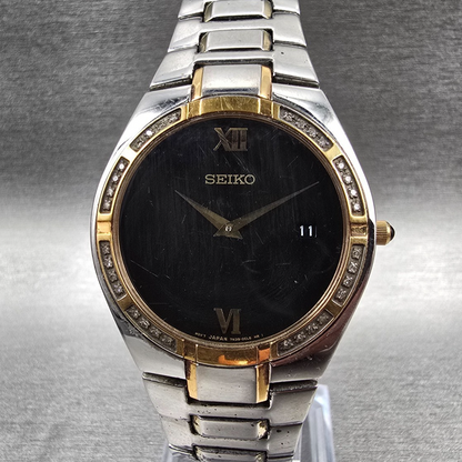 Seiko Watch Men 35mm Black Dial Two Tone Date Diamonds Round 7N39-0BR0 New Batt0