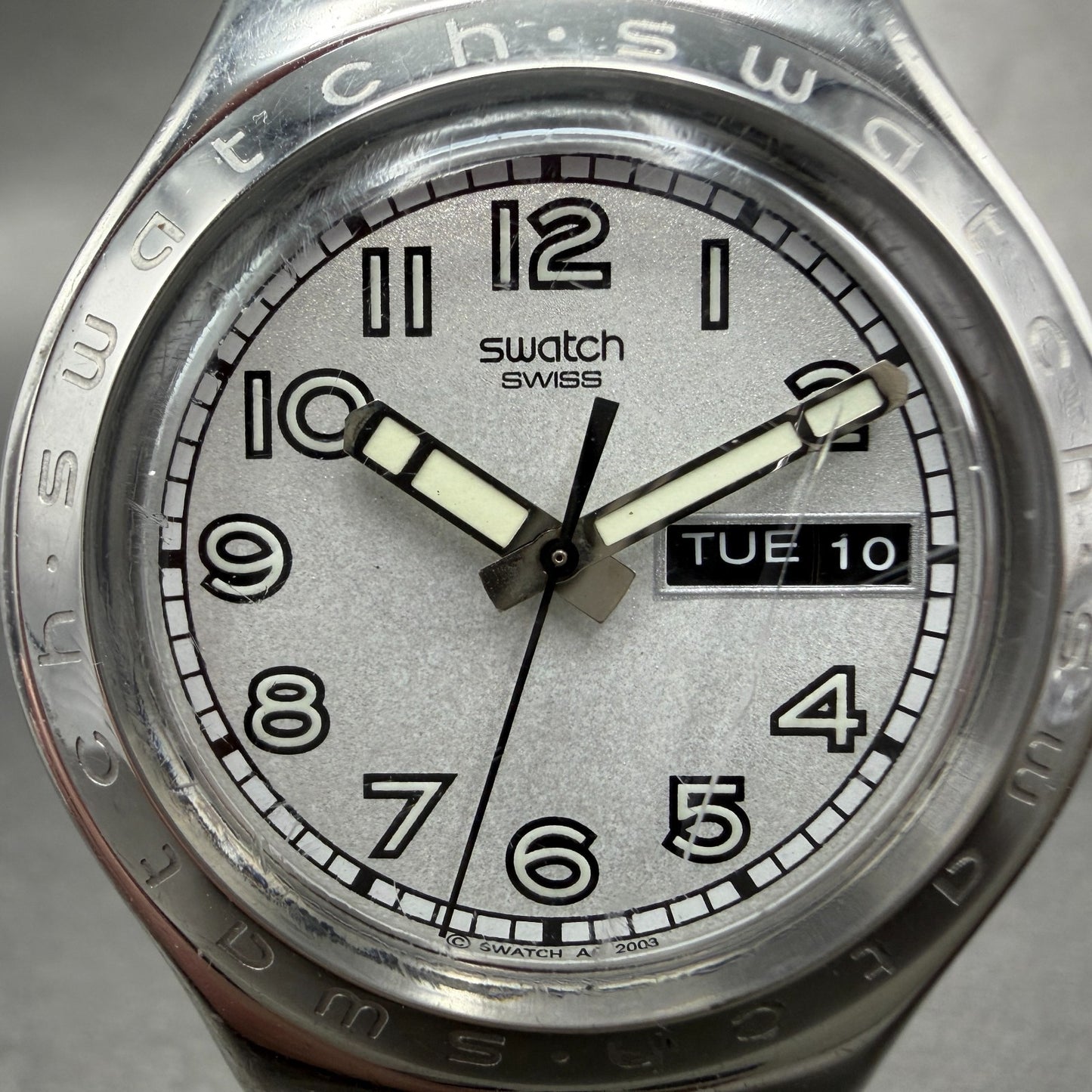 Swatch Irony Big Casse-Cou Watch Men 38mm Silver Dial Steel Daydate CRACK NewBat1