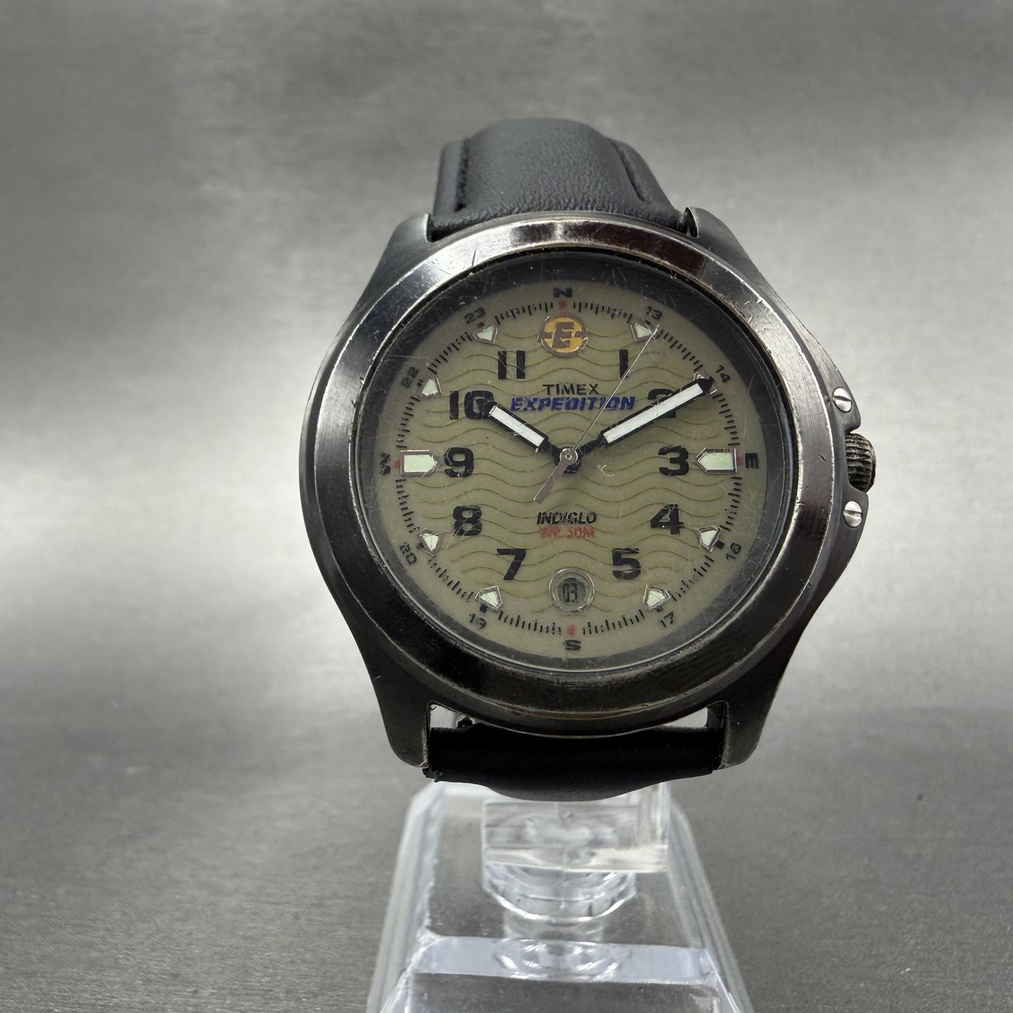 Timex Expedition Watch Men 40mm Cream Dial Black Tone Date Round New Battery5