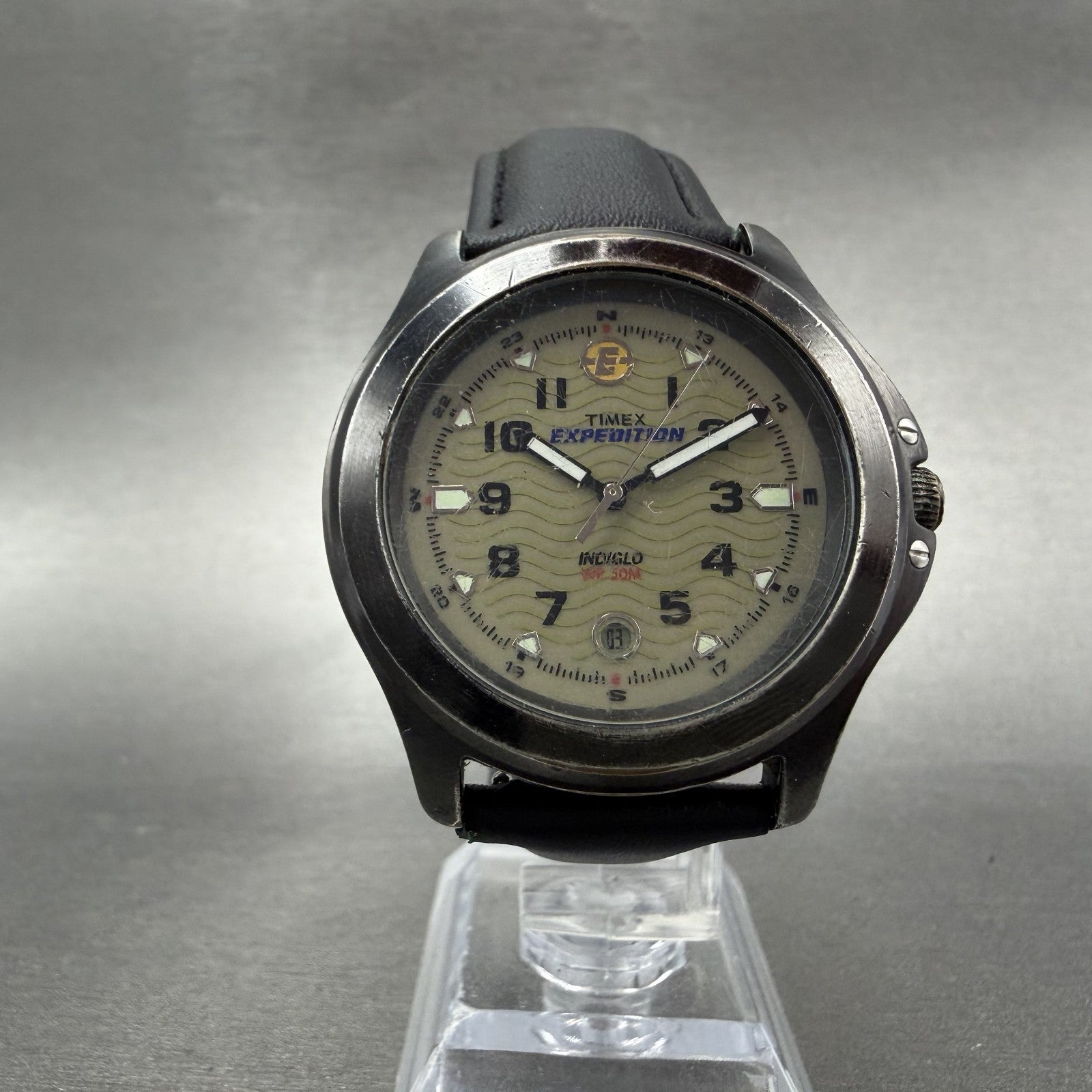 Timex Expedition Watch Men 40mm Cream Dial Black Tone Date Round New Battery5