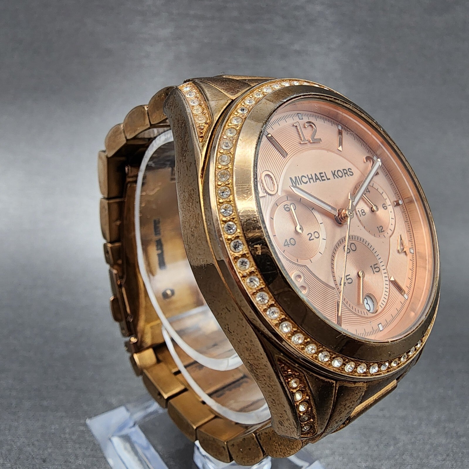 Michael Kors Blair Chronograph Watch Women 40mm Rose Dial Gold Tone Date New Bat3