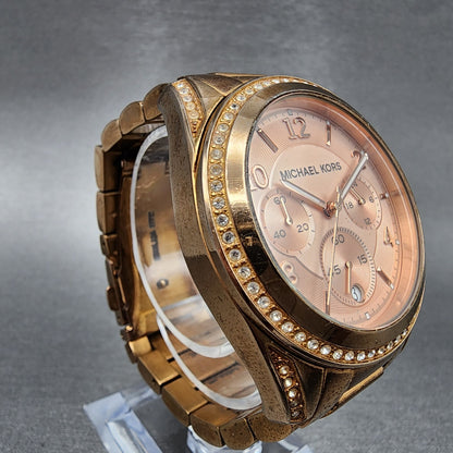 Michael Kors Blair Chronograph Watch Women 40mm Rose Dial Gold Tone Date New Bat3