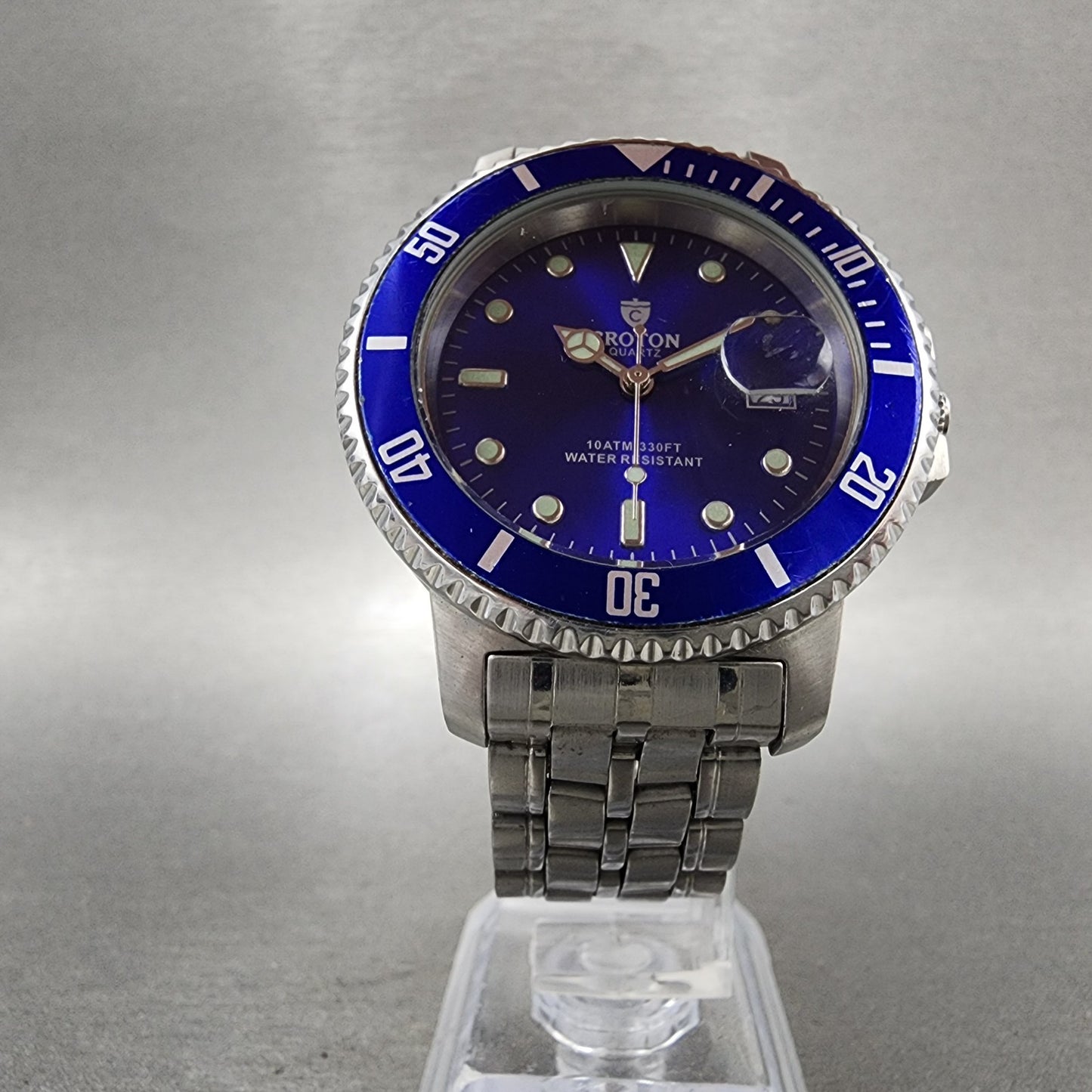 Croton Dive Watch Men 38mm Blue Dial Silver Tone Date Round New Battery5