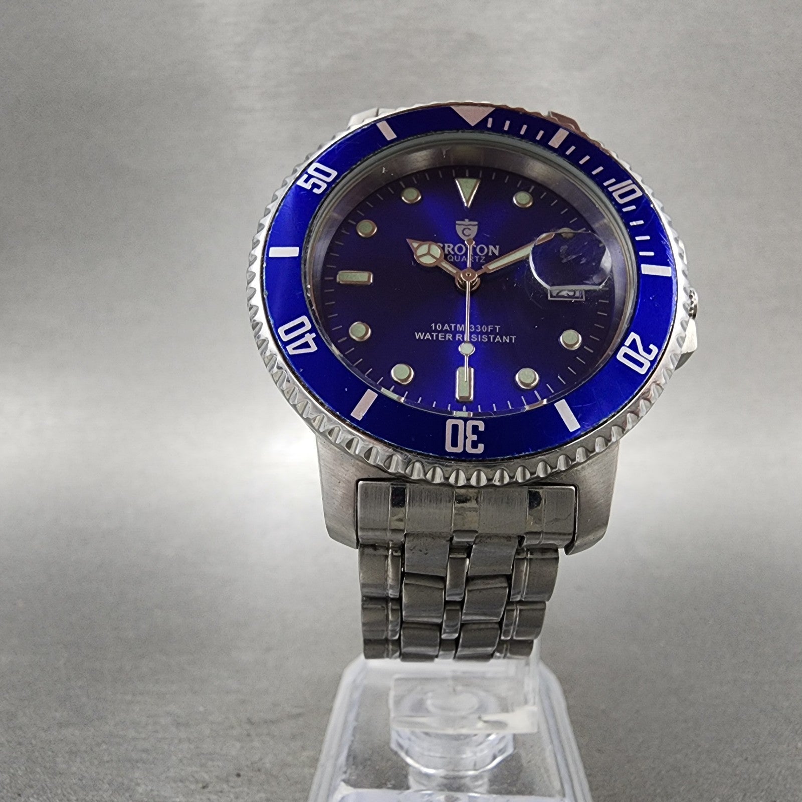 Croton Dive Watch Men 38mm Blue Dial Silver Tone Date Round New Battery5