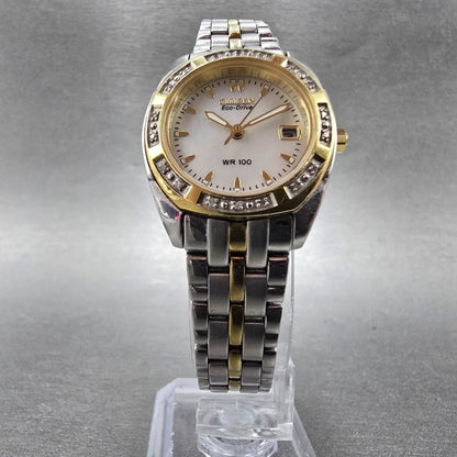 Citizen Eco-Drive Watch Women 26mm MOP Dial Two Tone Date Round EW1594-55D RunsK5