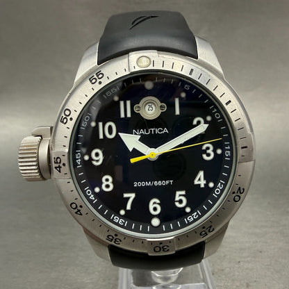 Nautica Dive Watch Men Black Dial Silver Tone Date Round A10012 New Battery0