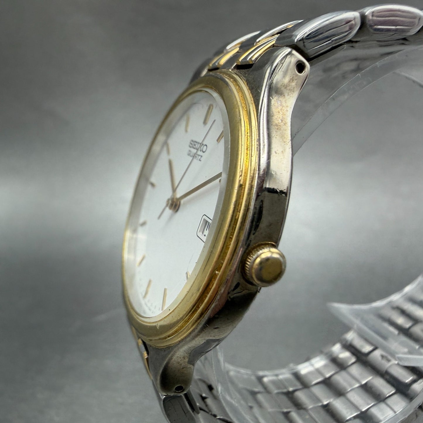 Seiko Watch Men 34mm White Dial Two Tone Date Round 7N22-7021 New Battery2