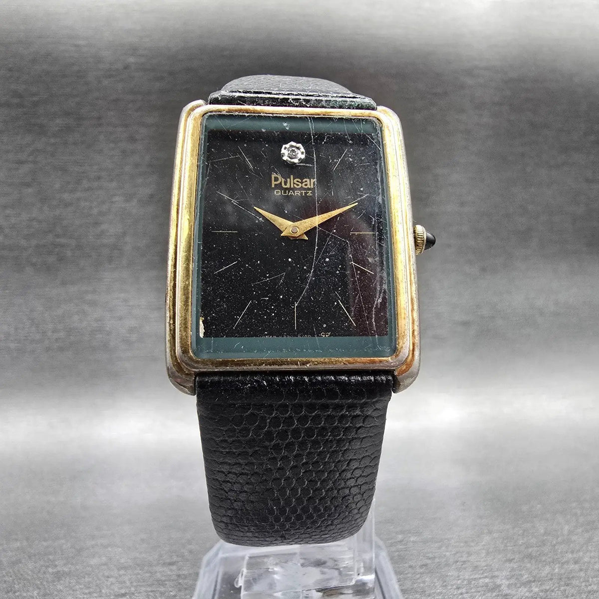 Pulsar Tank Watch Men 24mm Black Dial Gold Rectangle V320-5059 New Battery JP5