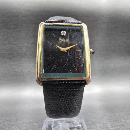 Pulsar Tank Watch Men 24mm Black Dial Gold Rectangle V320-5059 New Battery JP5