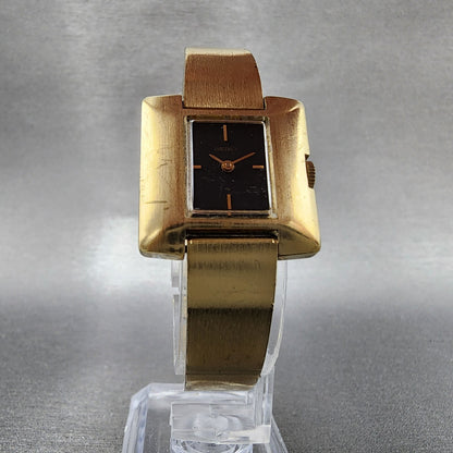 VTG Seiko Watch Women 24mm Black Dial Gold plated Rectangle Manual Wind Runs5