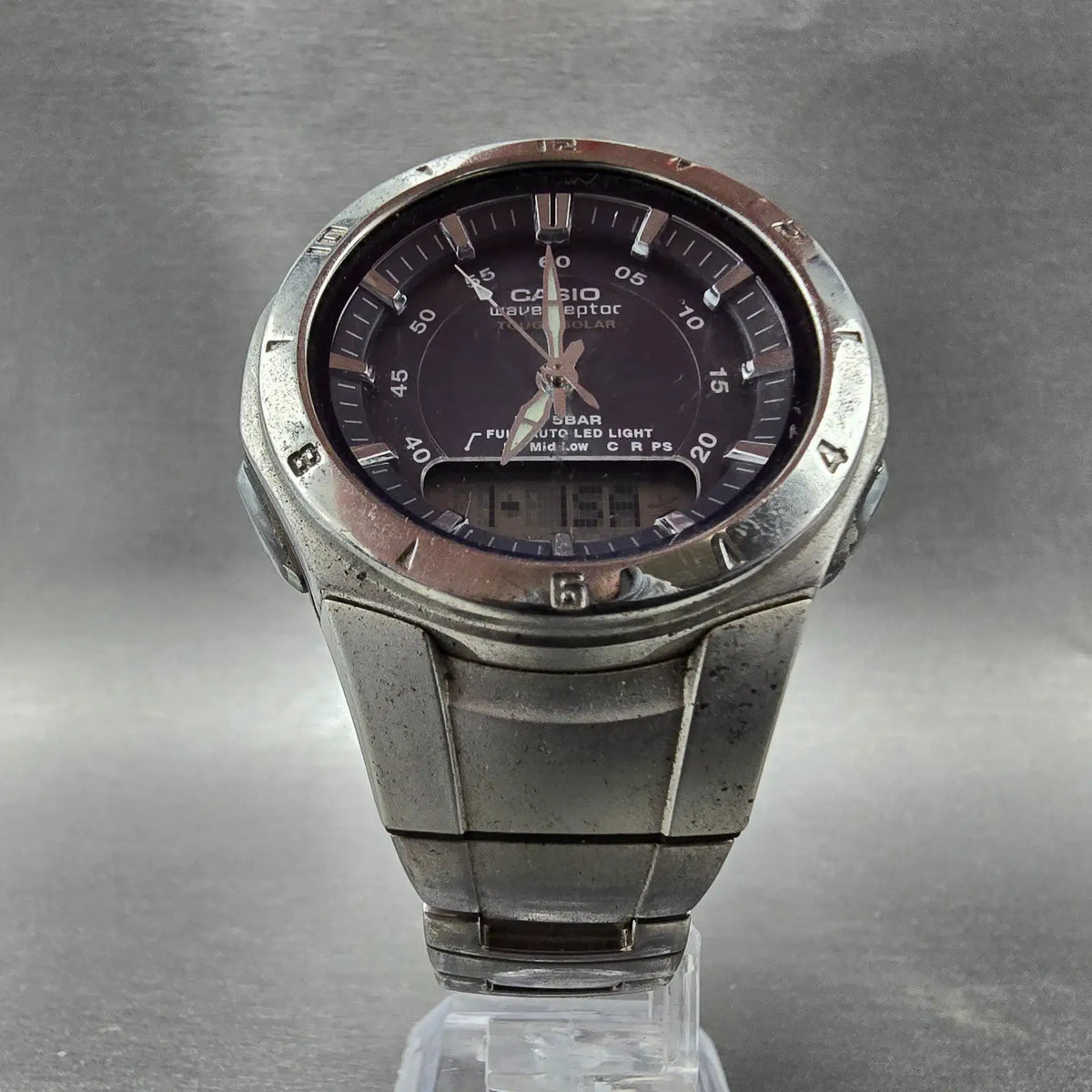 Casio WVA-400J Watch Men 42mm Blue Dial Silver Alarm Chrono WaveCeptor PARTS 676