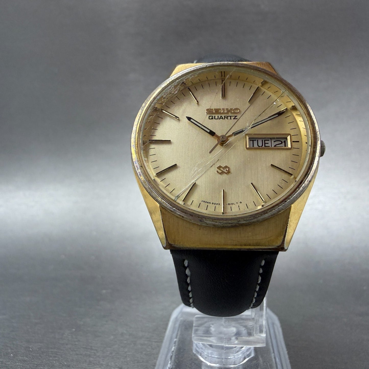 Seiko SQ Watch Men 34mm Champagne Dial Gold Tone Daydate 8223-8009 New Battery J5